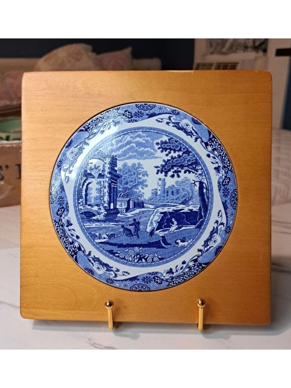 Vintage Spode Blue Italian Ceramic Plate Mounted 8" Square Wooden Trivet